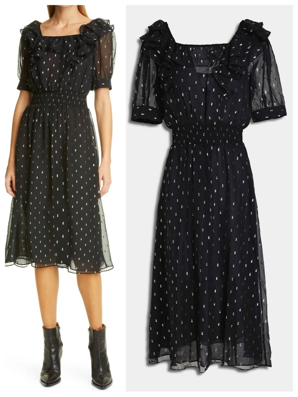 ba&sh Romeo Ruffled Metallic Gold Fil Coupé Midi Dress in Black, Sz XS